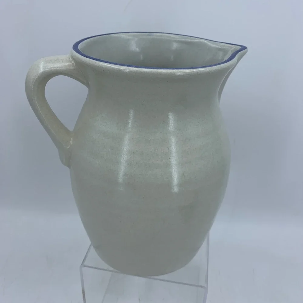 Blue Floral Stoneware Pitcher Country Cottage Folk Art Jug 9
